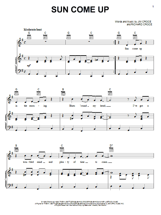 Jim Croce Sun Come Up sheet music notes and chords arranged for Piano, Vocal & Guitar Chords (Right-Hand Melody)