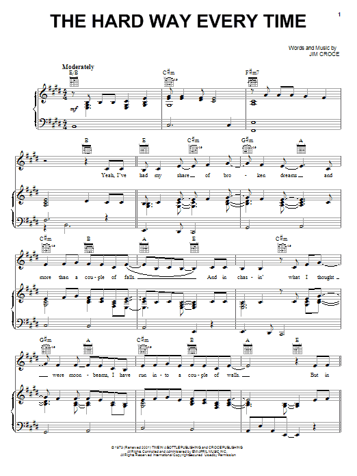 Jim Croce The Hard Way Every Time sheet music notes and chords arranged for Piano, Vocal & Guitar Chords (Right-Hand Melody)