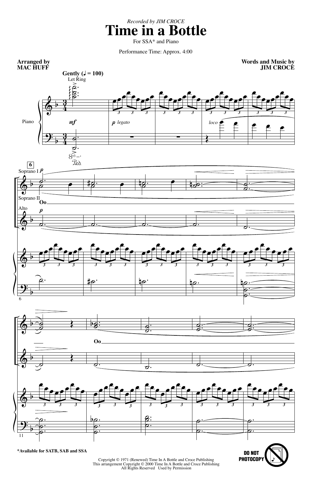 Jim Croce Time In A Bottle (arr. Mac Huff) sheet music notes and chords arranged for SSA Choir