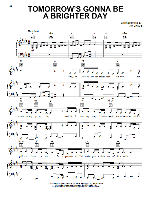 Jim Croce Tomorrow's Gonna Be A Brighter Day sheet music notes and chords arranged for Piano, Vocal & Guitar Chords (Right-Hand Melody)
