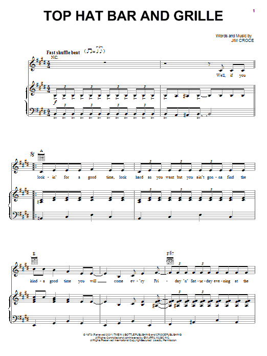 Jim Croce Top Hat Bar And Grille sheet music notes and chords arranged for Guitar Chords/Lyrics