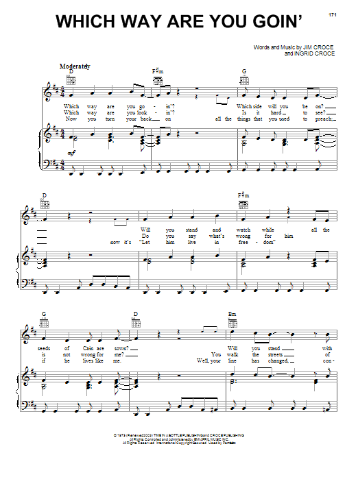 Jim Croce Which Way Are You Goin' sheet music notes and chords arranged for Guitar Chords/Lyrics