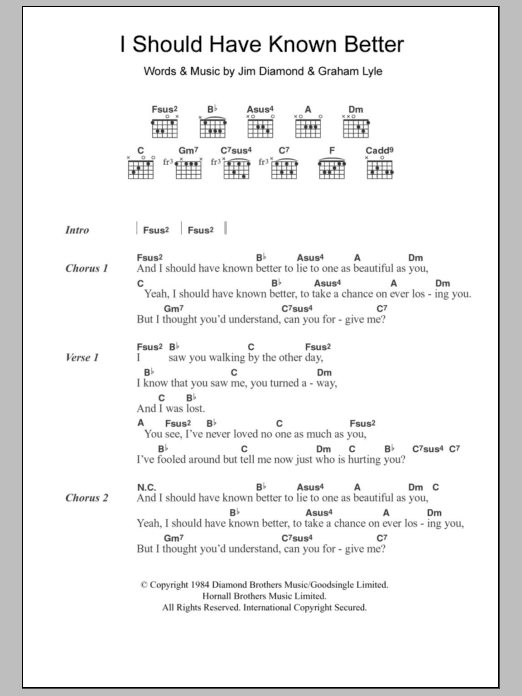 Jim Diamond I Should Have Known Better sheet music notes and chords arranged for Guitar Chords/Lyrics