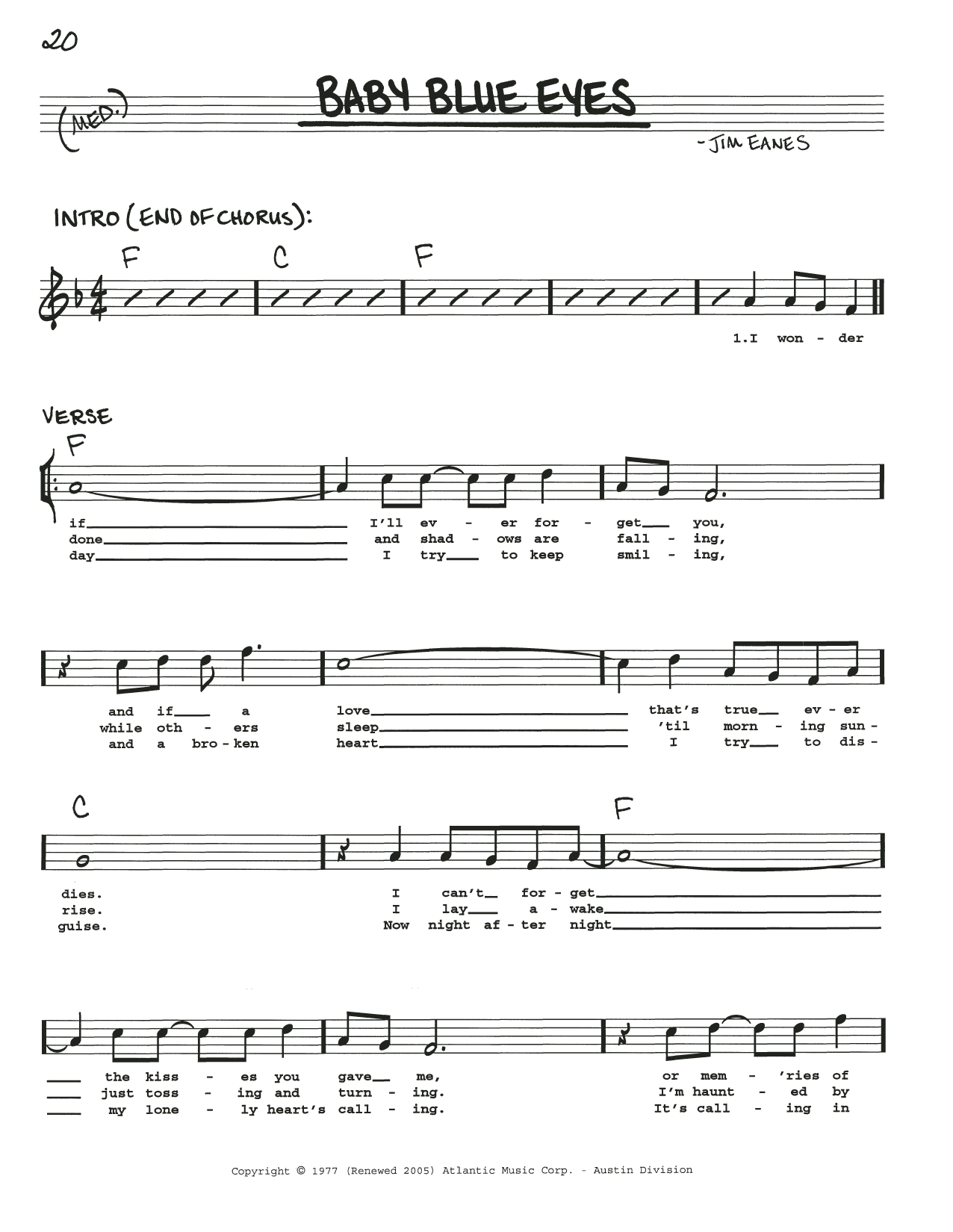 Jim Eanes Baby Blue Eyes sheet music notes and chords arranged for Real Book – Melody, Lyrics & Chords