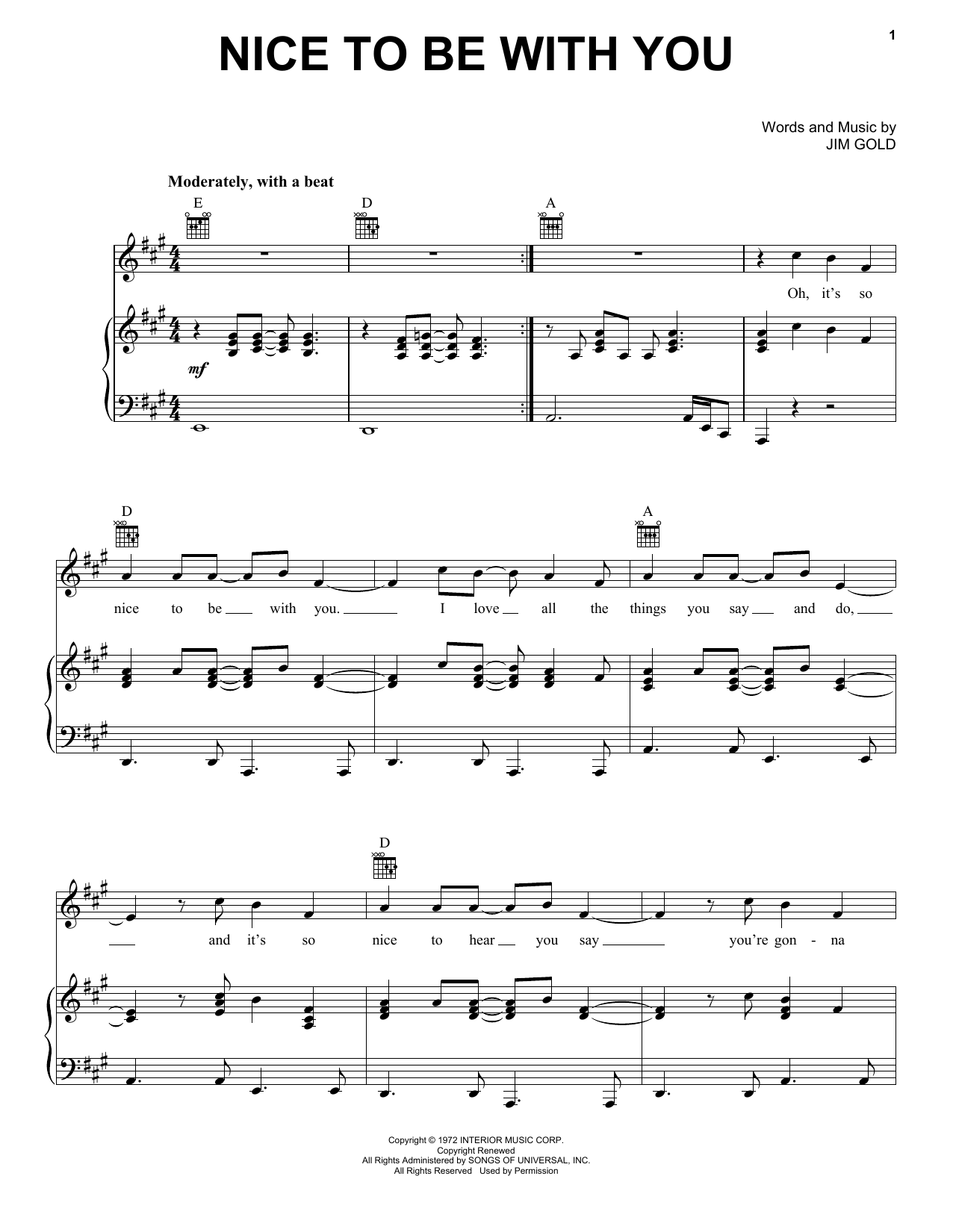 Jim Gold Nice To Be With You sheet music notes and chords arranged for Piano, Vocal & Guitar Chords (Right-Hand Melody)