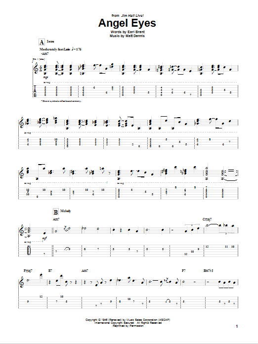 Jim Hall Angel Eyes sheet music notes and chords arranged for Guitar Tab