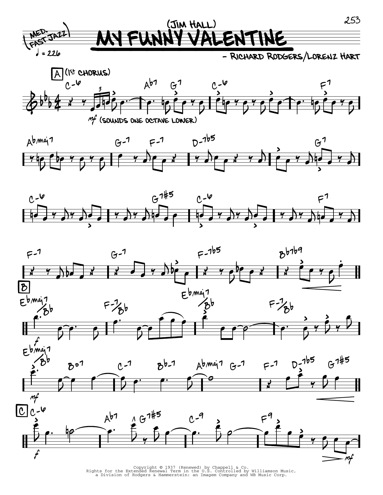 Jim Hall My Funny Valentine (solo only) sheet music notes and chords arranged for Real Book – Melody & Chords