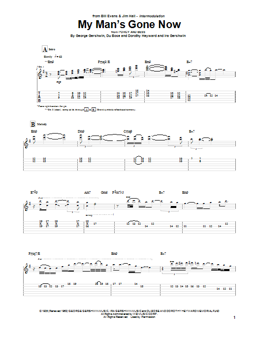 Jim Hall My Man's Gone Now sheet music notes and chords arranged for Guitar Tab