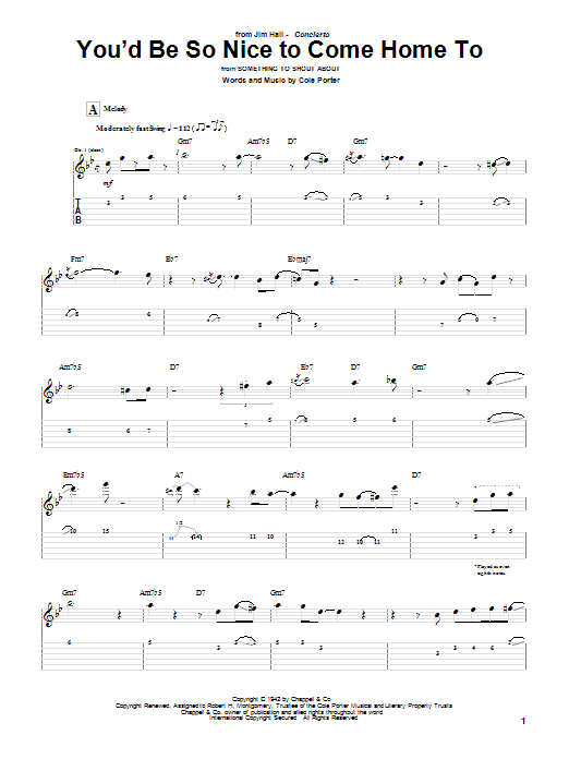 Jim Hall You'd Be So Nice To Come Home To sheet music notes and chords arranged for Guitar Tab