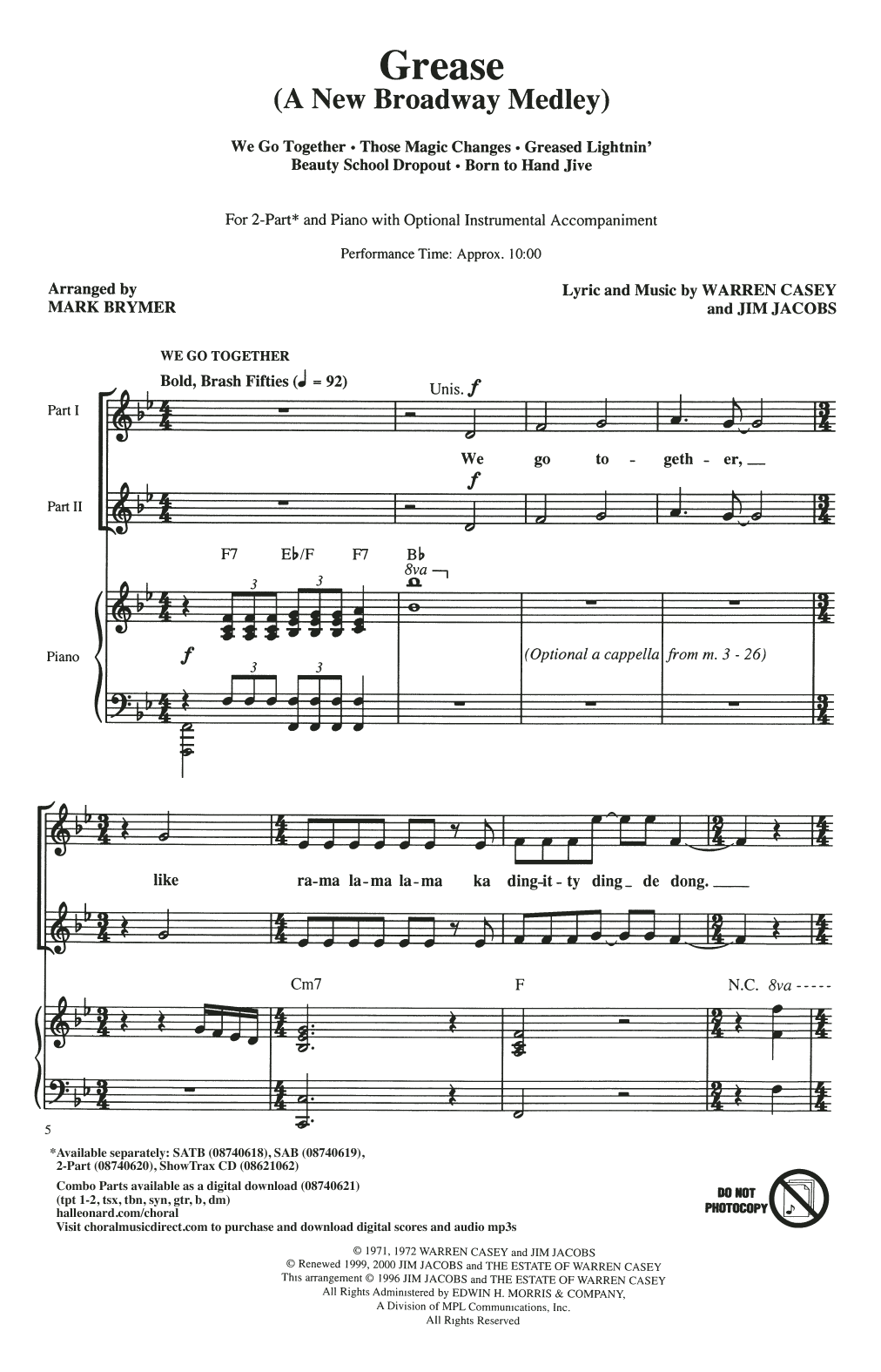 Jim Jacobs & Warren Casey Grease: A New Broadway Medley (arr. Mark Brymer) sheet music notes and chords arranged for 2-Part Choir