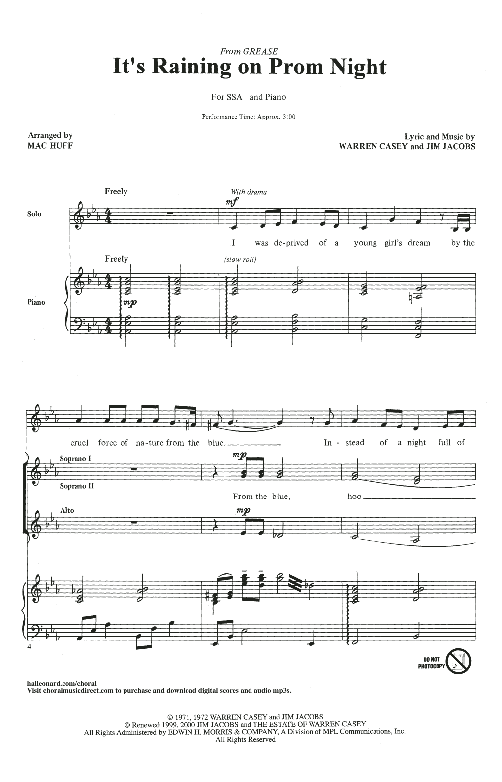 Jim Jacobs & Warren Casey It's Raining On Prom Night (arr. Mac Huff) sheet music notes and chords arranged for SSA Choir
