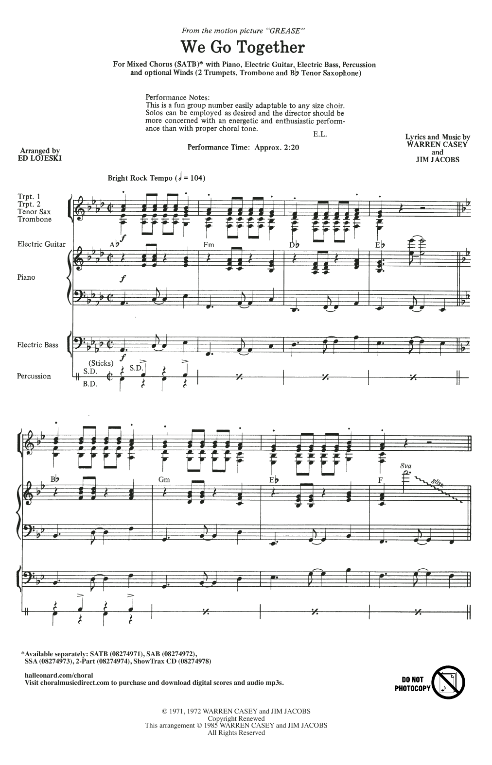 Jim Jacobs & Warren Casey We Go Together (from Grease) (arr. Ed Lojeski) sheet music notes and chords arranged for SATB Choir
