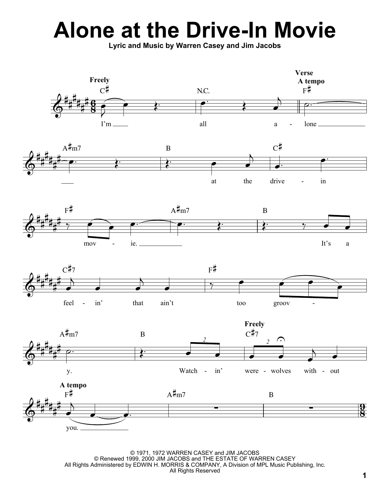 Jim Jacobs Alone At The Drive-In Movie sheet music notes and chords arranged for Pro Vocal