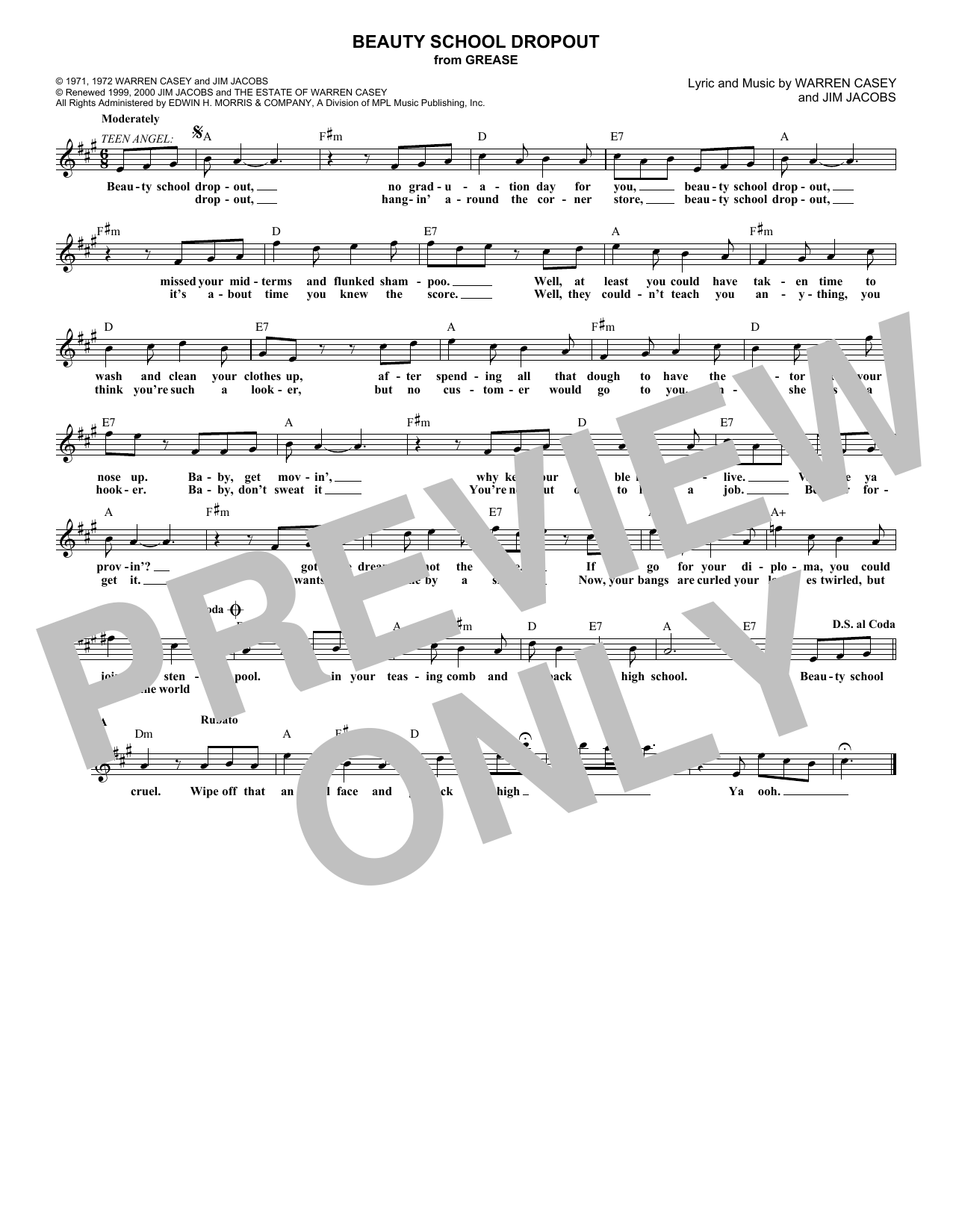 Jim Jacobs Beauty School Dropout sheet music notes and chords arranged for Lead Sheet / Fake Book