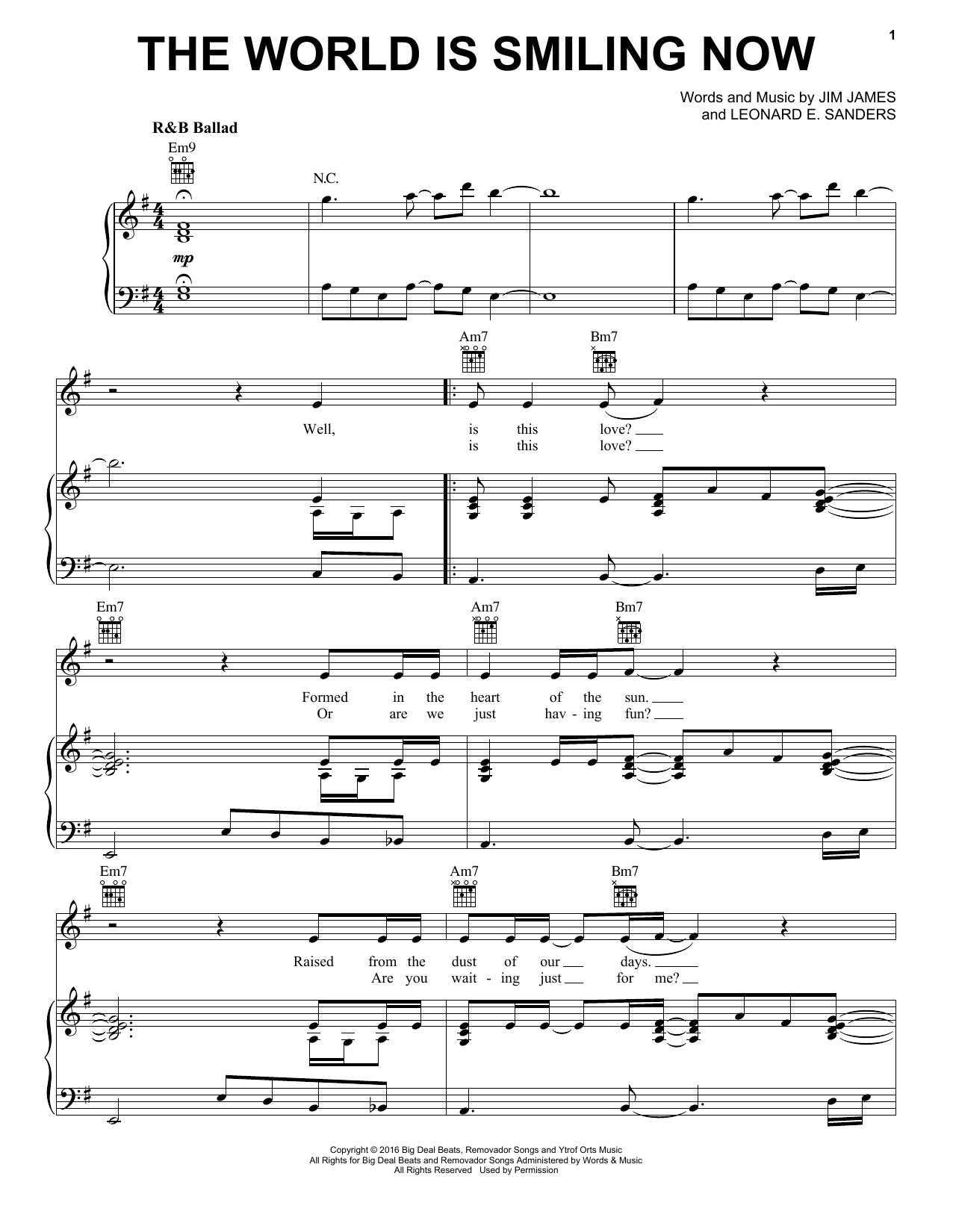 Jim James The World Is Smiling Now sheet music notes and chords arranged for Piano, Vocal & Guitar Chords (Right-Hand Melody)