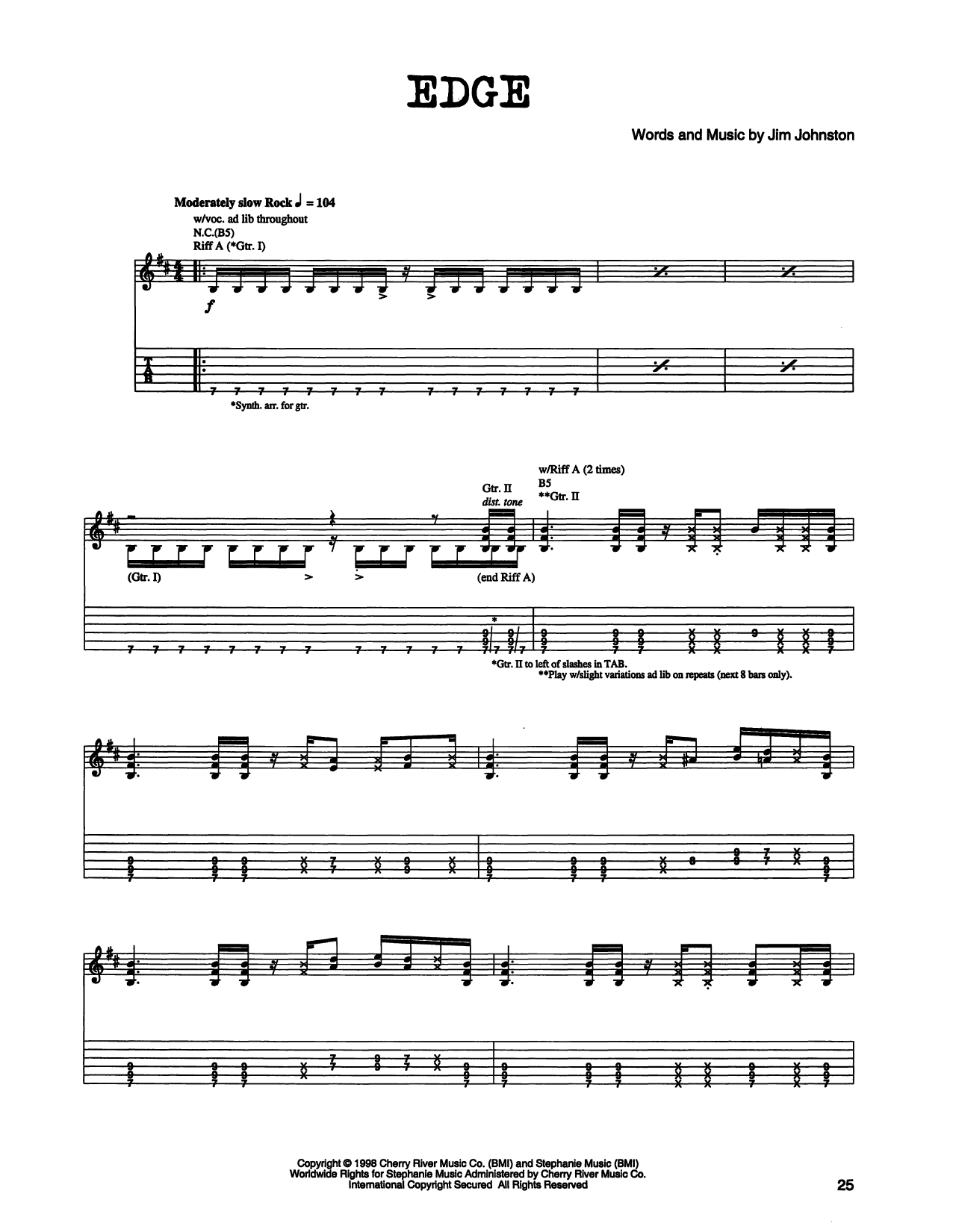 Jim Johnston Edge sheet music notes and chords arranged for Guitar Tab