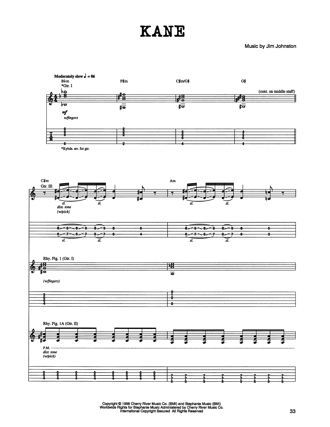 Jim Johnston Kane sheet music notes and chords arranged for Guitar Tab