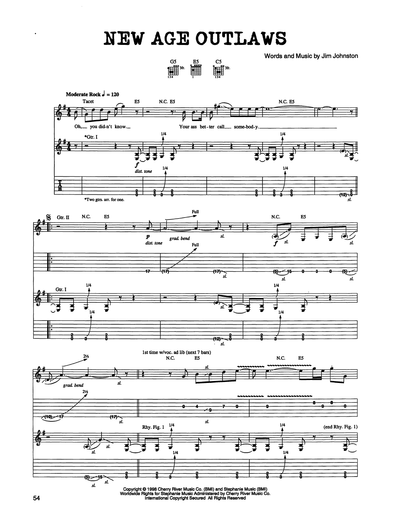 Jim Johnston New Age Outlaws sheet music notes and chords arranged for Guitar Tab