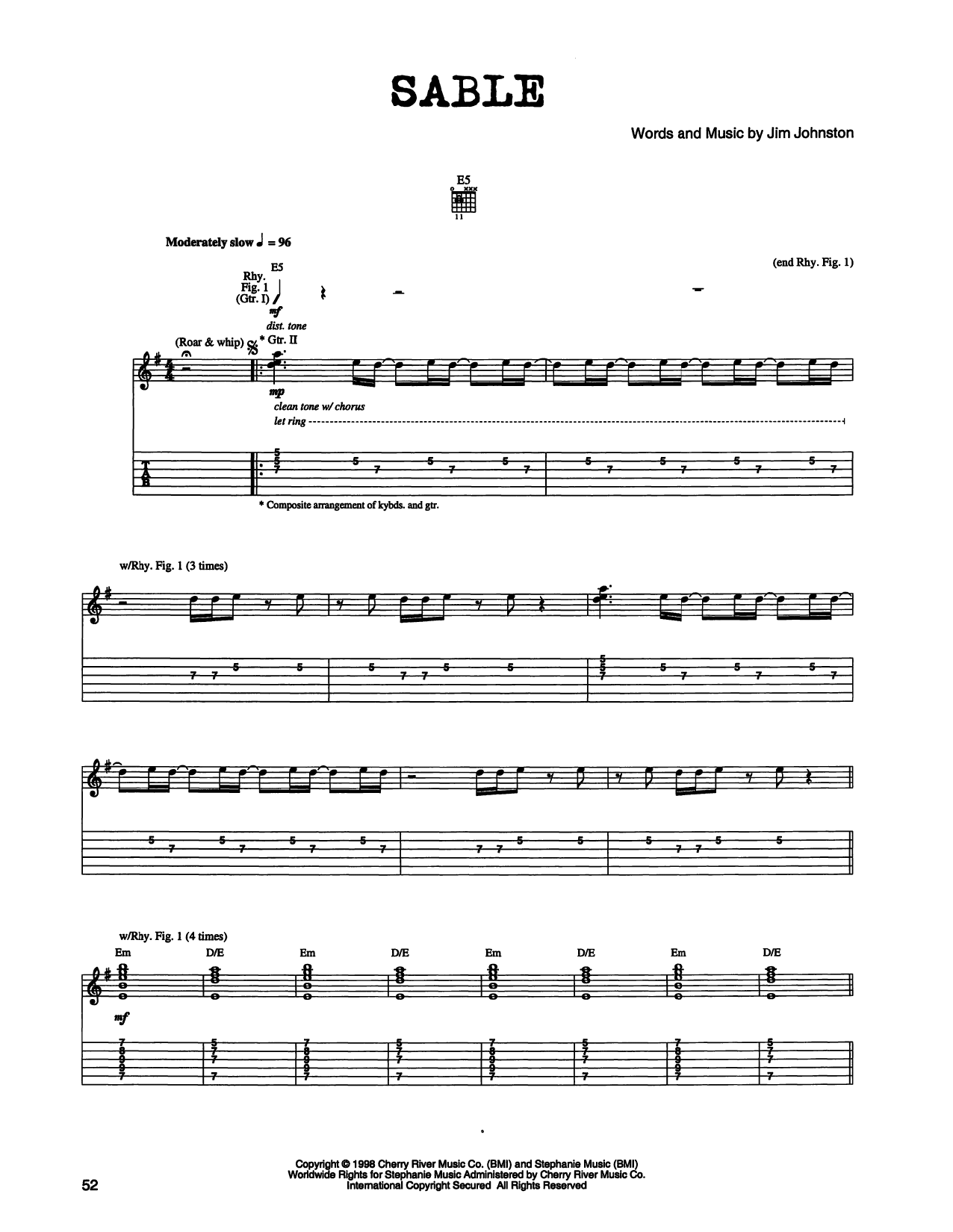Jim Johnston Sable sheet music notes and chords arranged for Guitar Tab