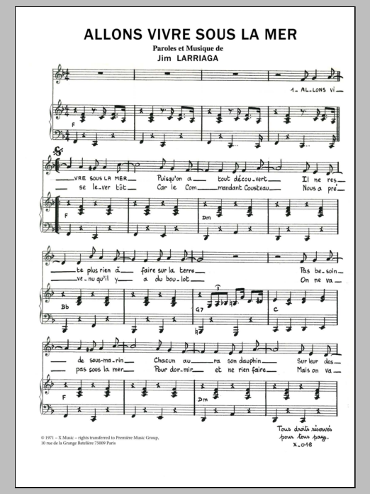 Jim Larriaga ALLONS VIVRE SOUS LA MER sheet music notes and chords arranged for Piano & Vocal