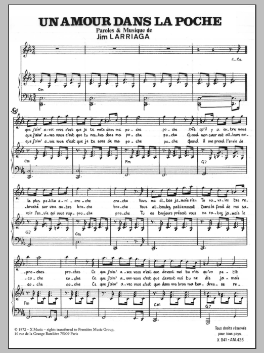Jim Larriaga Amour Dans La Poche sheet music notes and chords arranged for Piano & Vocal