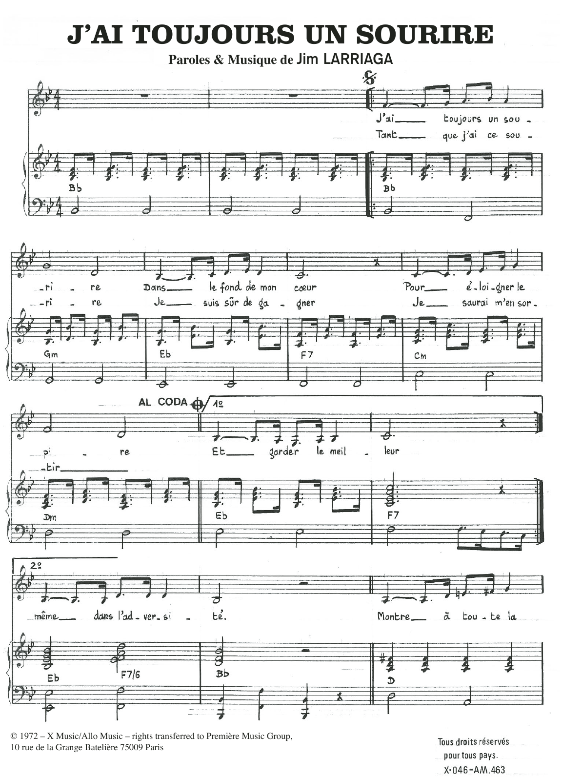 Jim Larriaga J'ai Toujours un Sourire sheet music notes and chords arranged for Piano & Vocal