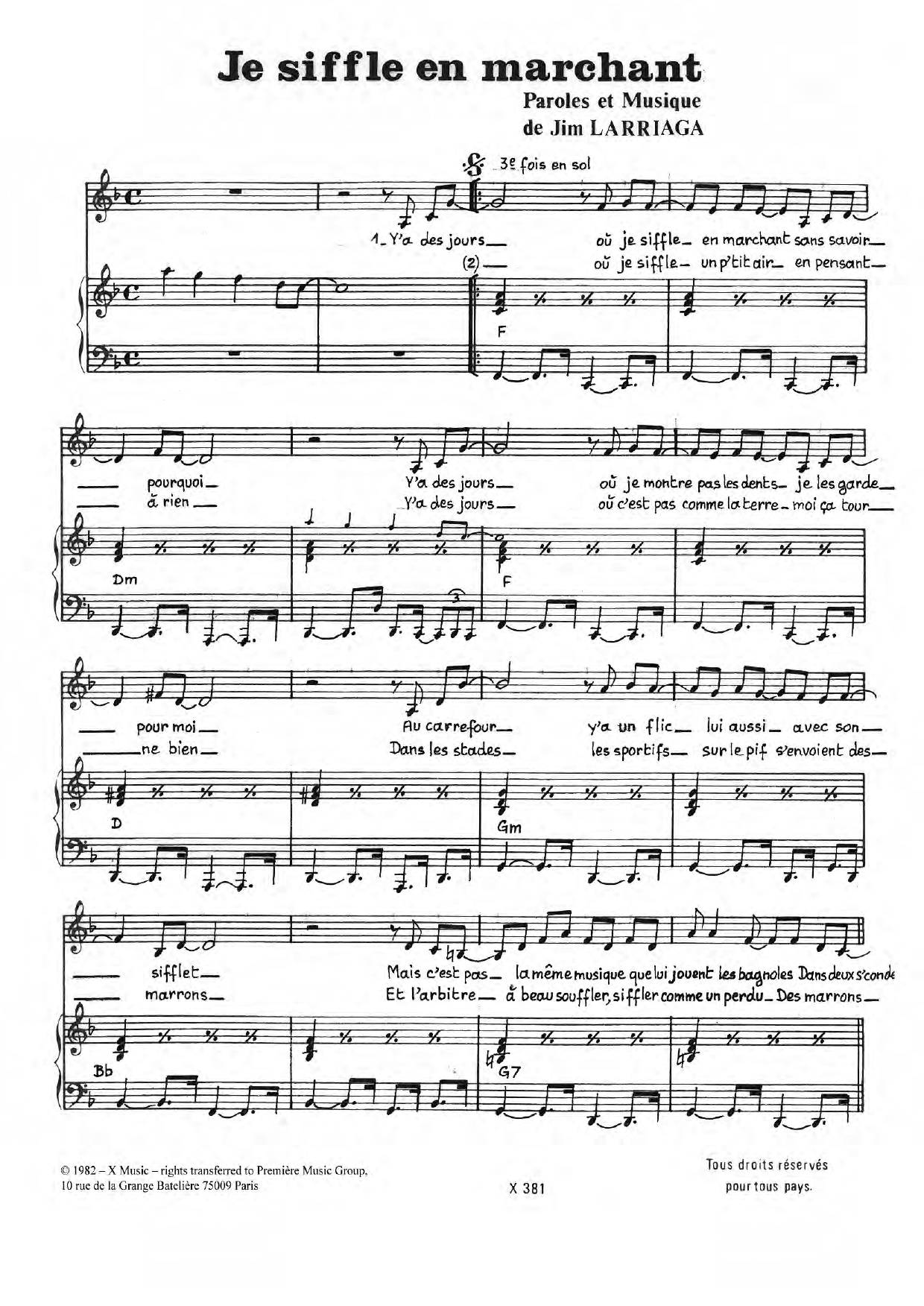 Jim Larriaga Je Siffle En Marchant sheet music notes and chords arranged for Piano & Vocal