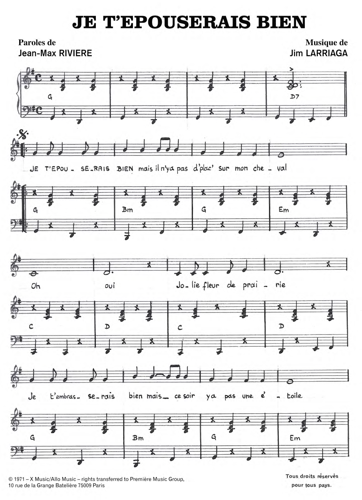 Jim Larriaga Je t'espouserai Bien sheet music notes and chords arranged for Piano & Vocal