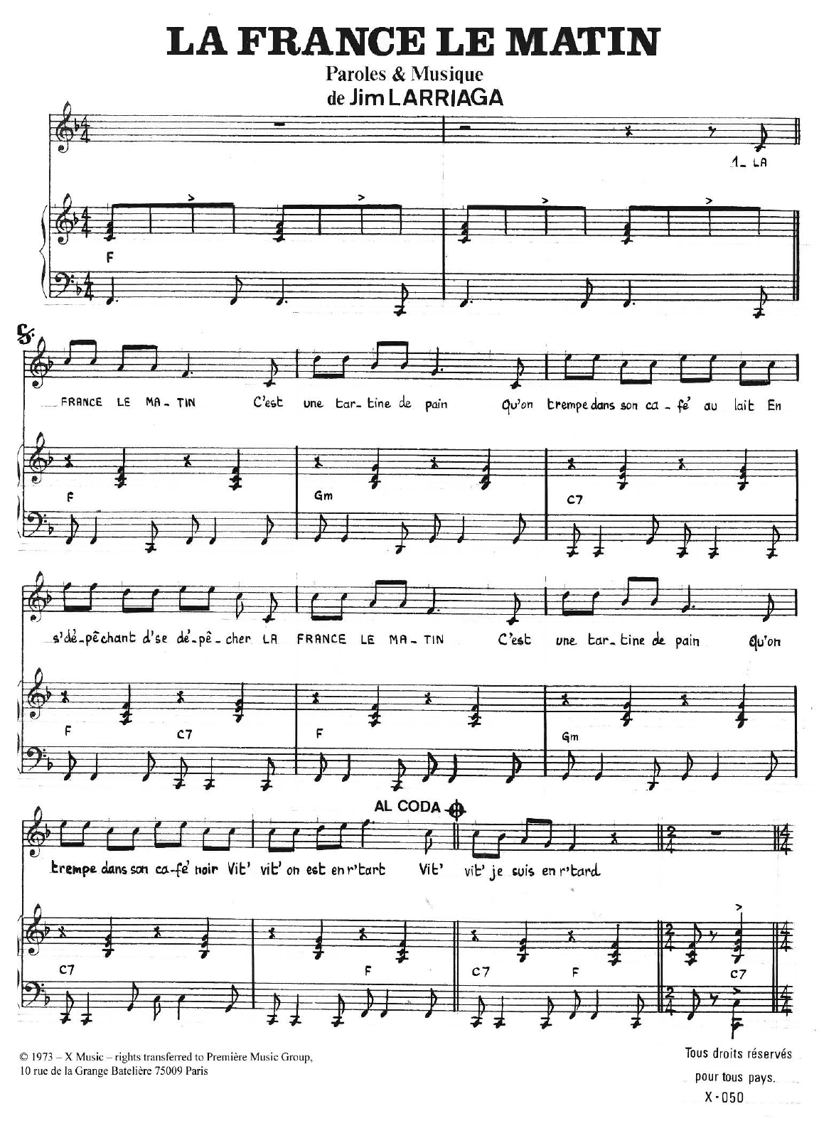 Jim Larriaga La France Le Matin sheet music notes and chords arranged for Piano & Vocal