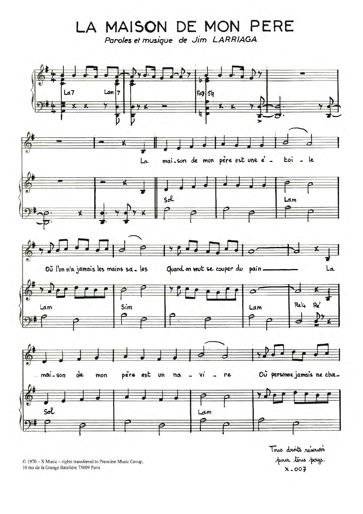 Jim Larriaga La Maison De Mon Pere sheet music notes and chords arranged for Piano & Vocal