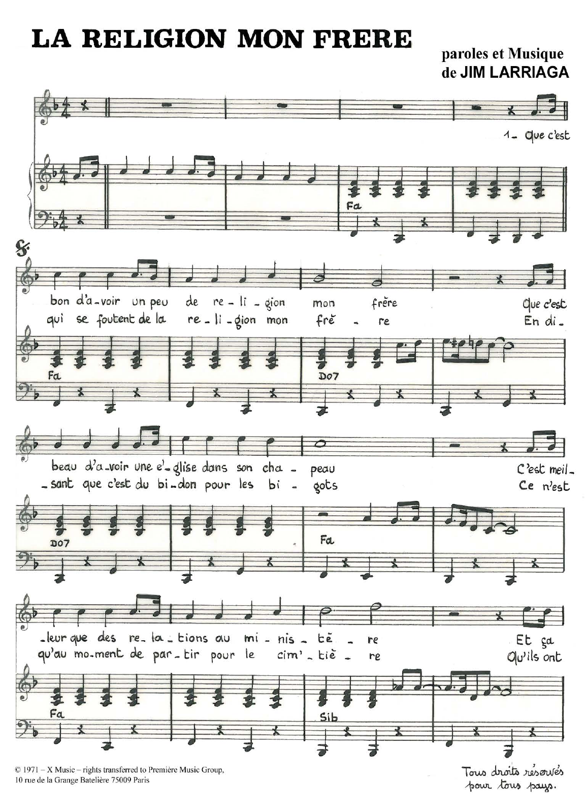 Jim Larriaga La Religion Mon Frere sheet music notes and chords arranged for Piano & Vocal