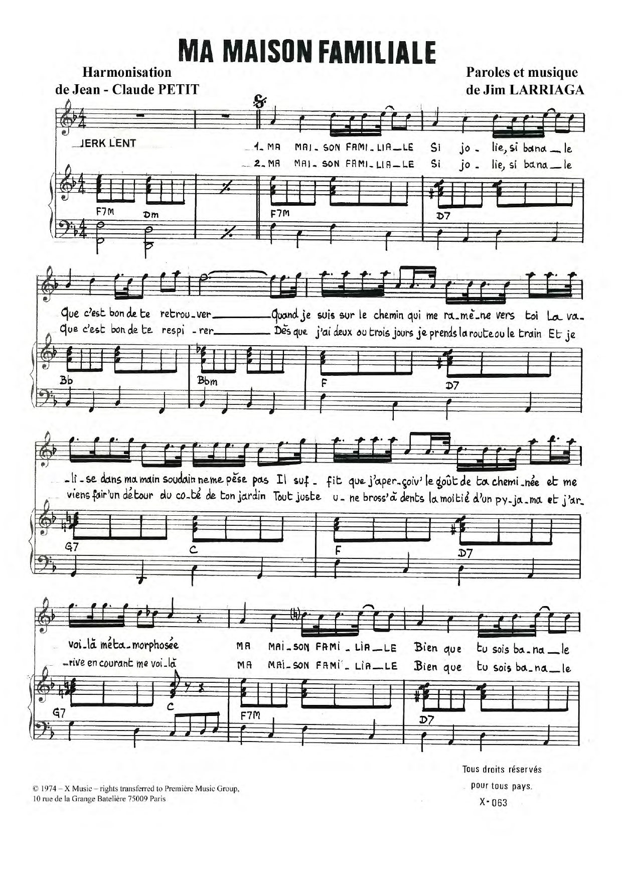 Jim Larriaga Ma Maison Familiale sheet music notes and chords arranged for Piano & Vocal