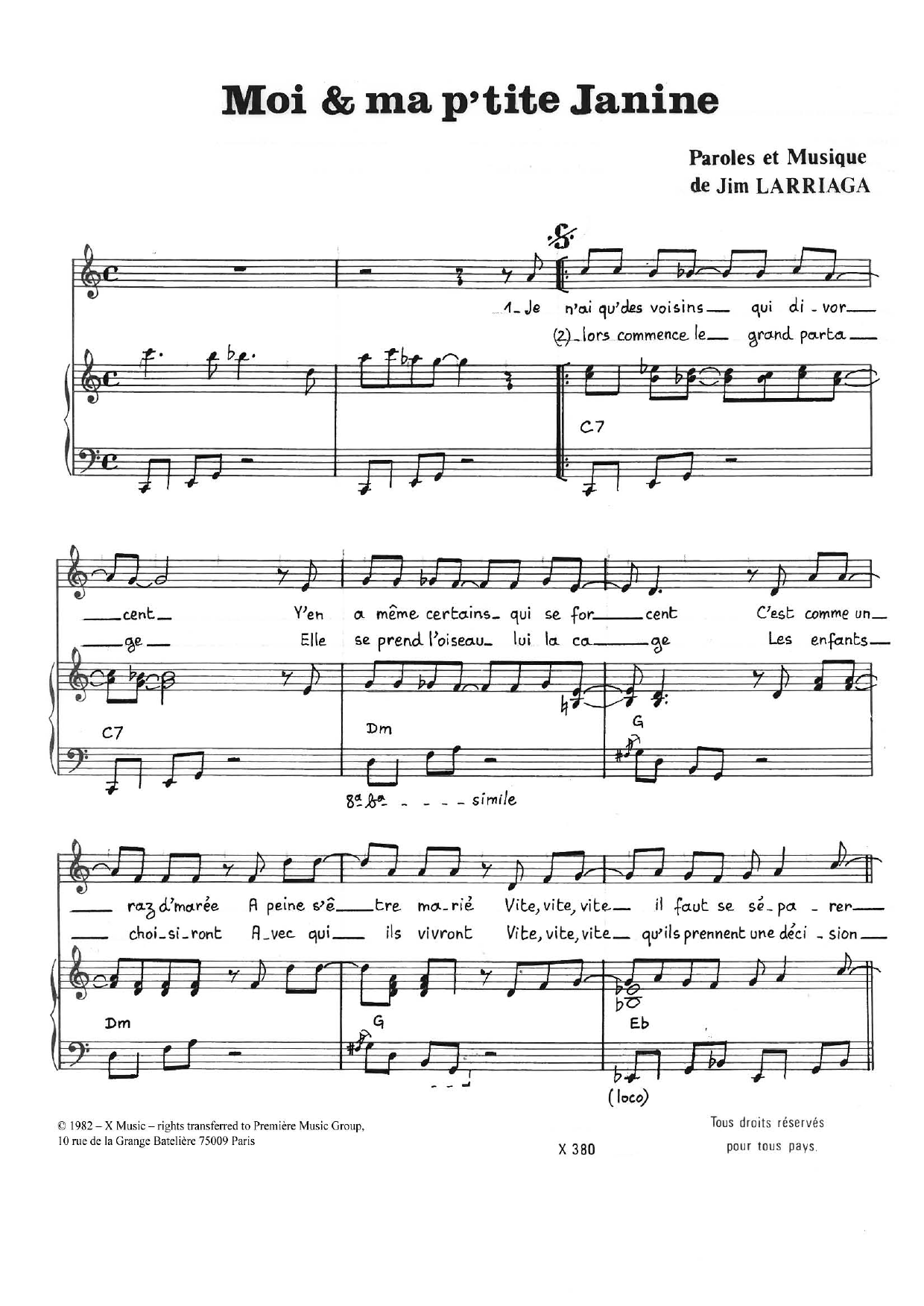 Jim Larriaga Moi Et Ma P'tite Janine sheet music notes and chords arranged for Piano & Vocal