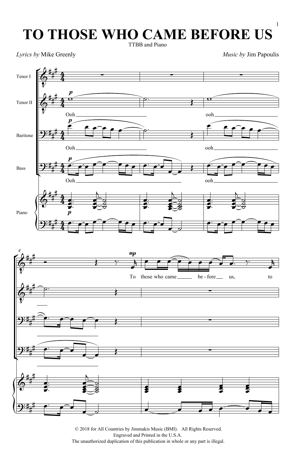 Jim Papoulis & Mike Greenly To Those Who Came Before Us sheet music notes and chords arranged for TTBB Choir