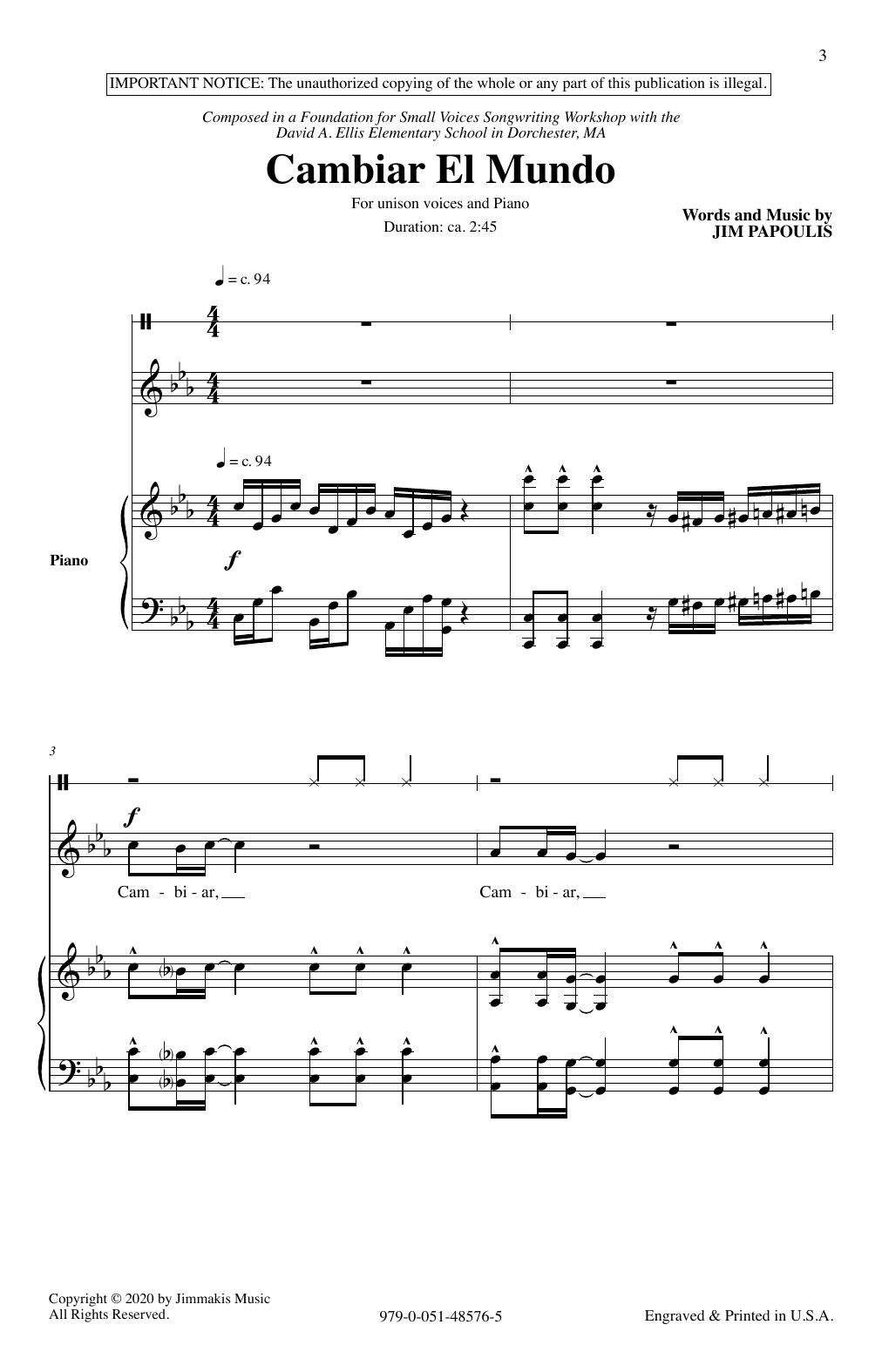Jim Papoulis Cambiar El Mundo sheet music notes and chords arranged for Unison Choir