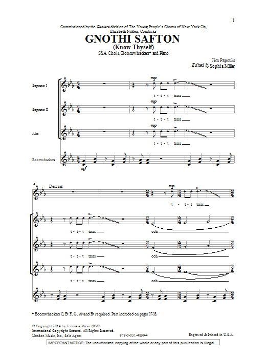 Jim Papoulis Gnothi Safton sheet music notes and chords arranged for SSA Choir