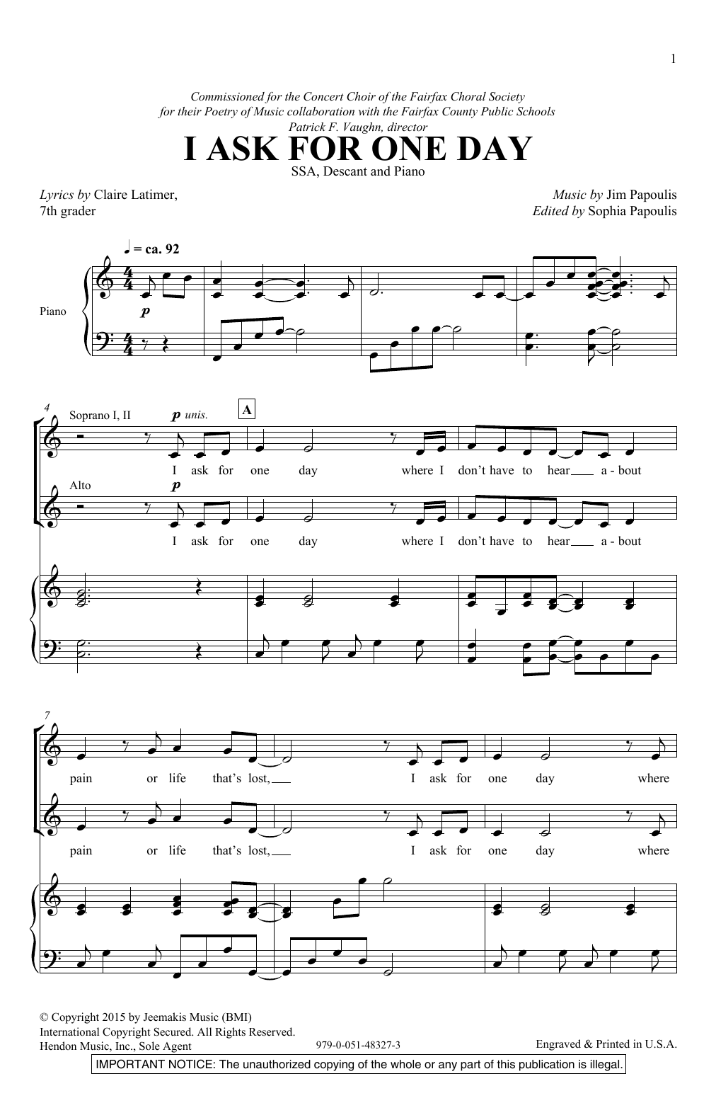 Jim Papoulis I Ask For One Day sheet music notes and chords arranged for SSA Choir