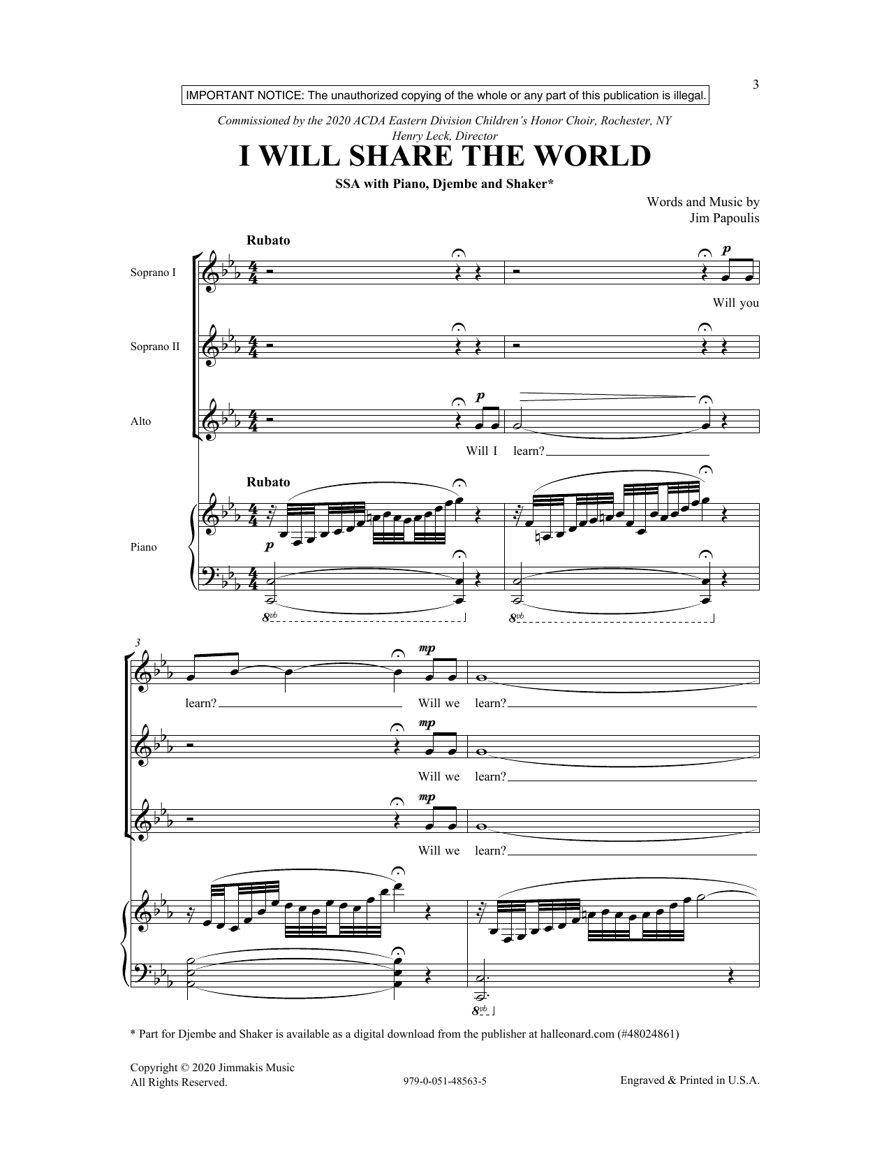 Jim Papoulis I Will Share The World sheet music notes and chords arranged for SSA Choir