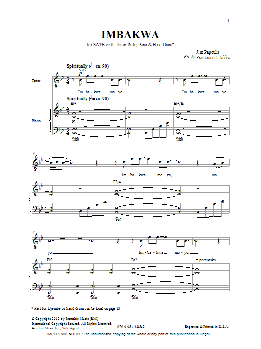 Jim Papoulis Imbakwa sheet music notes and chords arranged for SATB Choir