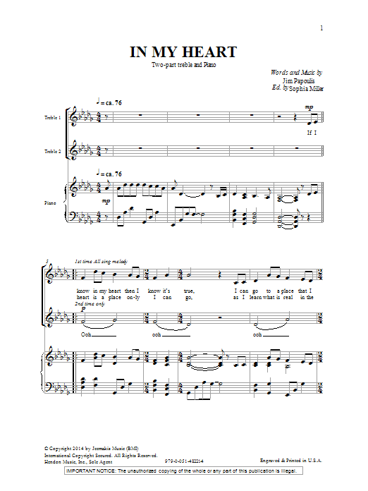 Jim Papoulis In My Heart sheet music notes and chords arranged for 2-Part Choir