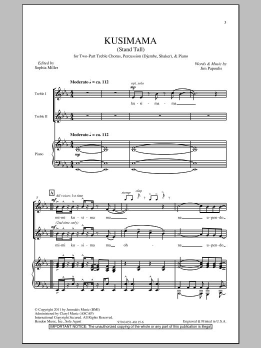 Jim Papoulis Kusimama (Stand Tall) sheet music notes and chords arranged for SSA Choir