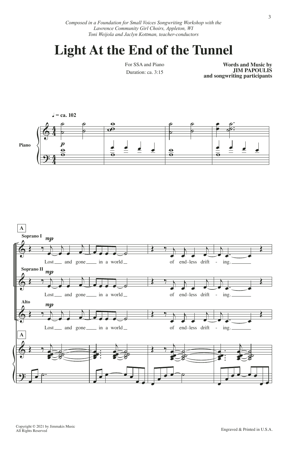 Jim Papoulis Light At The End Of The Tunnel sheet music notes and chords arranged for SSA Choir