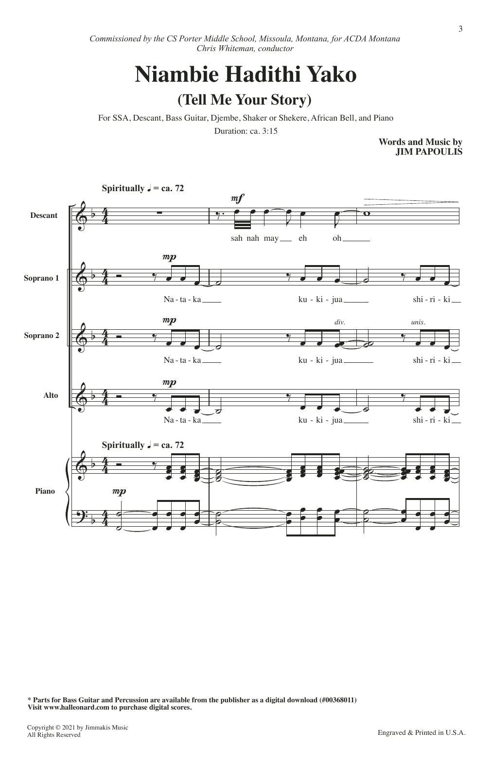 Jim Papoulis Niambie Hadithi Yako (Tell Me Your Story) sheet music notes and chords arranged for SSA Choir