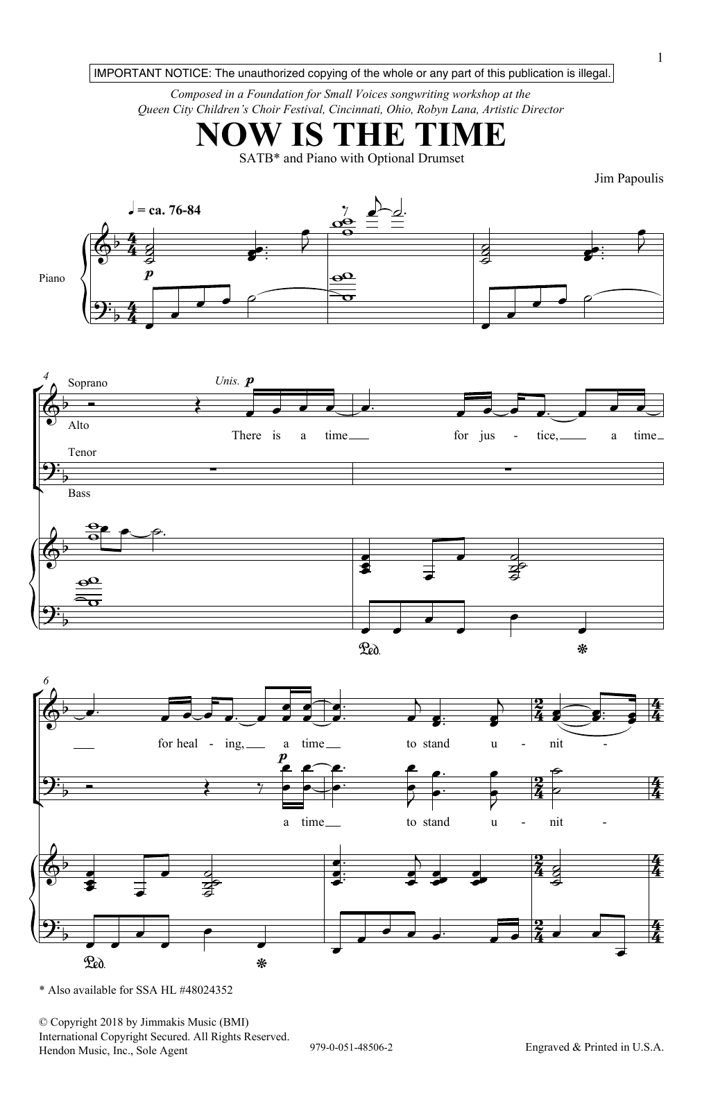Jim Papoulis Now Is The Time sheet music notes and chords arranged for SSA Choir