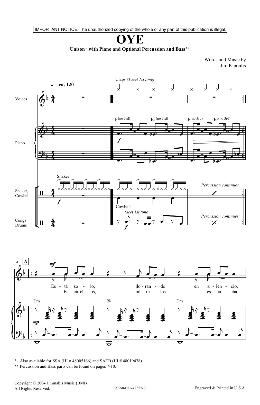 Jim Papoulis Oye sheet music notes and chords arranged for Unison Choir
