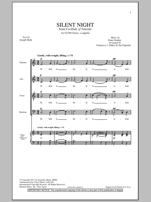 Jim Papoulis Silent Night sheet music notes and chords arranged for SATB Choir