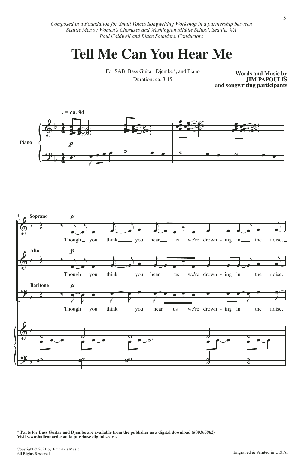 Jim Papoulis Tell Me Can You Hear Me sheet music notes and chords arranged for SAB Choir