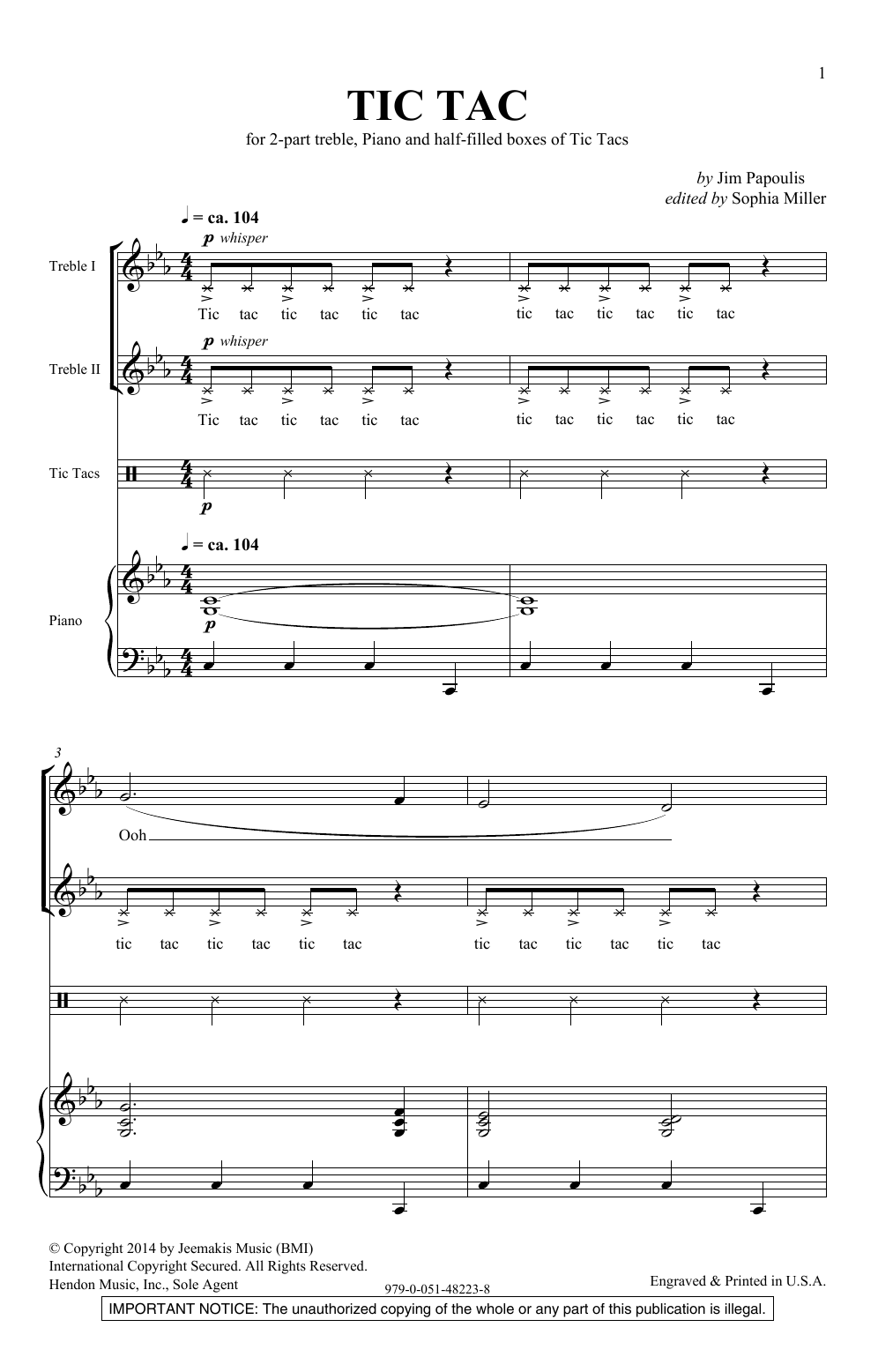 Jim Papoulis Tic Tac sheet music notes and chords arranged for Unison Choir