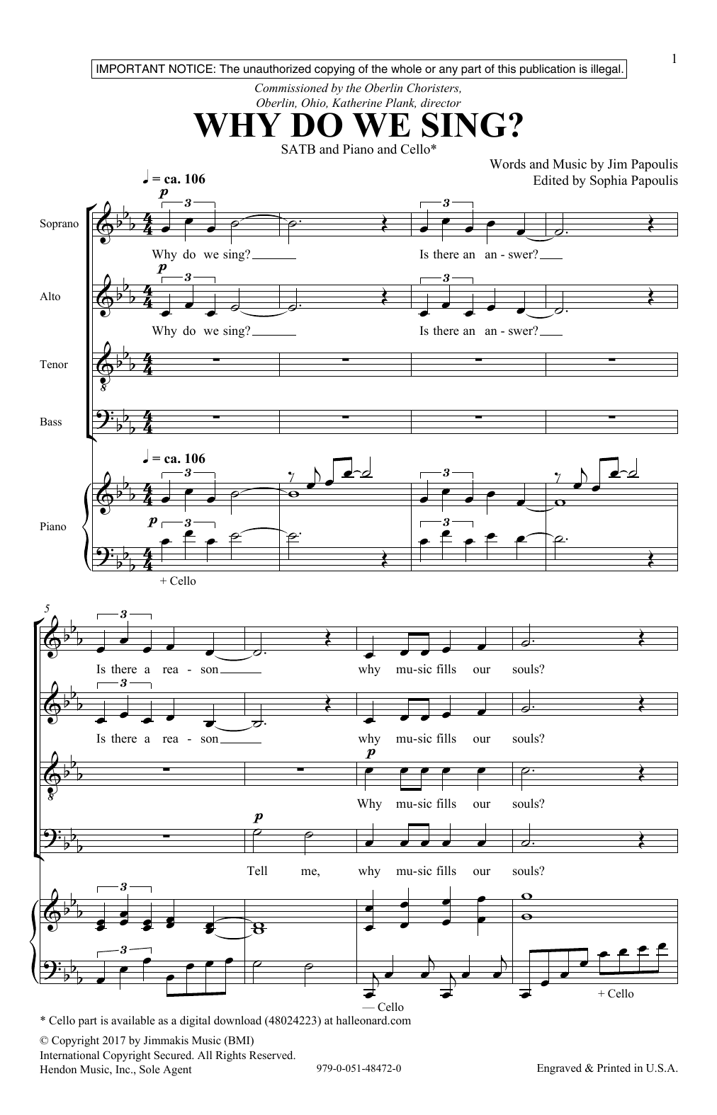 Jim Papoulis Why Do We Sing sheet music notes and chords arranged for SATB Choir