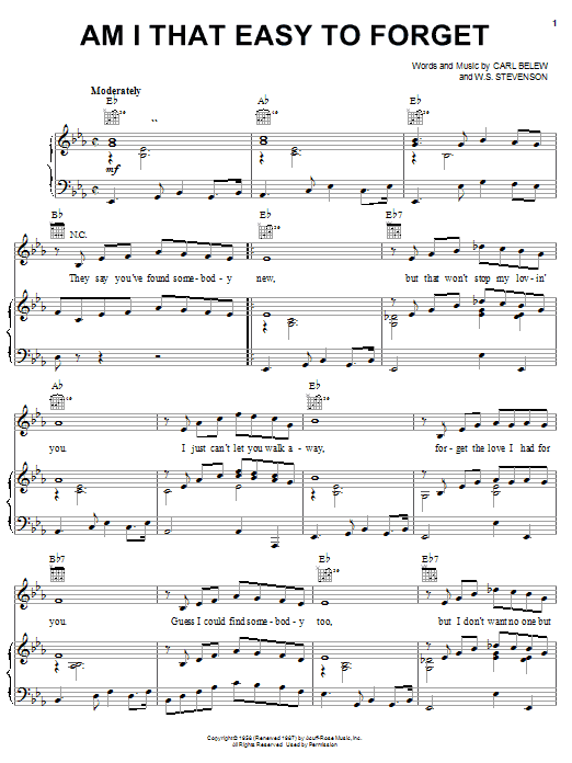 Jim Reeves Am I That Easy To Forget sheet music notes and chords arranged for Piano, Vocal & Guitar Chords (Right-Hand Melody)